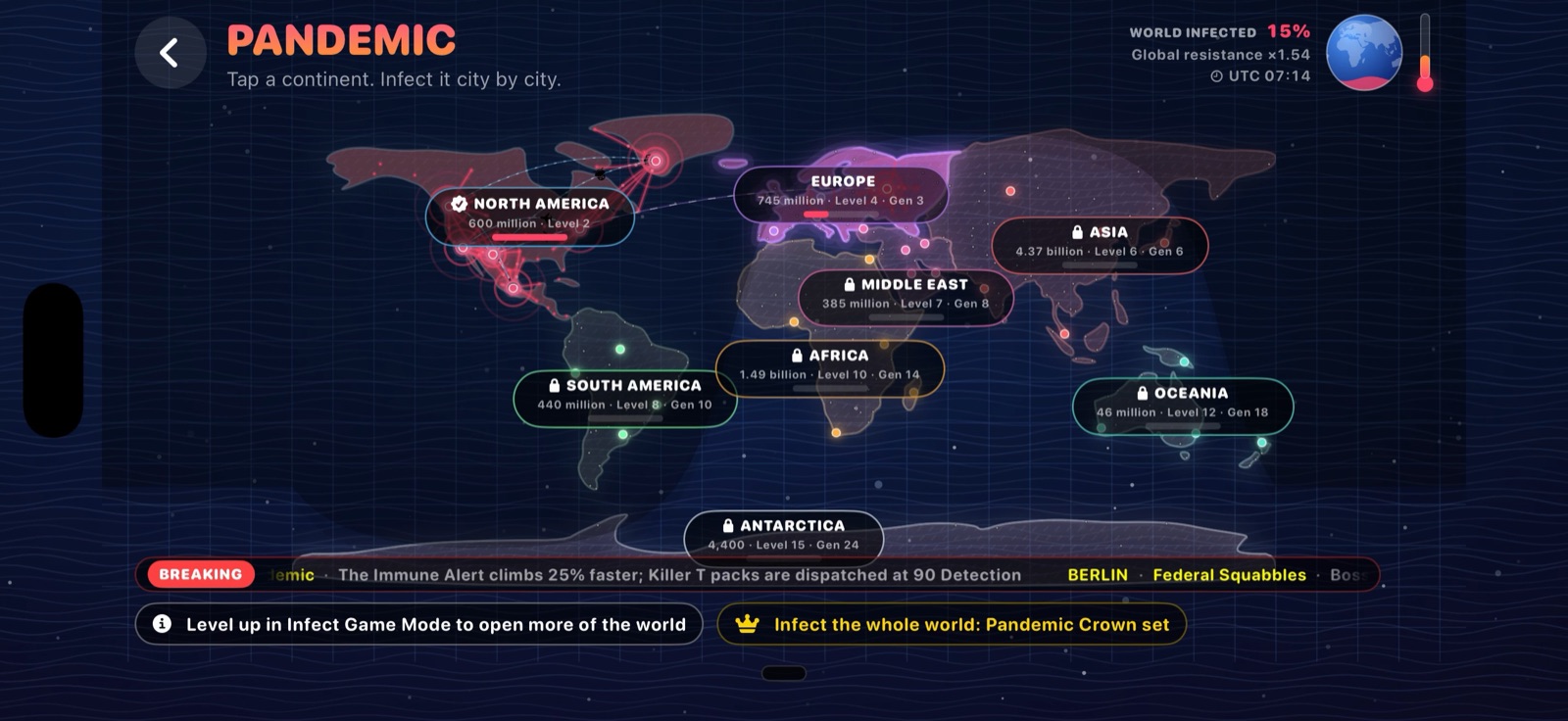 The Pandemic world map, mostly infected